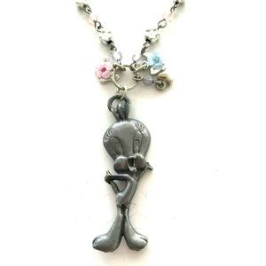 Vintage Tweety Bird Pendant Necklace 18" Flower Chain Looney Tunes Warner Bros